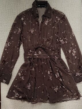 Zara Brown Floral Check Shirt Mini Dress